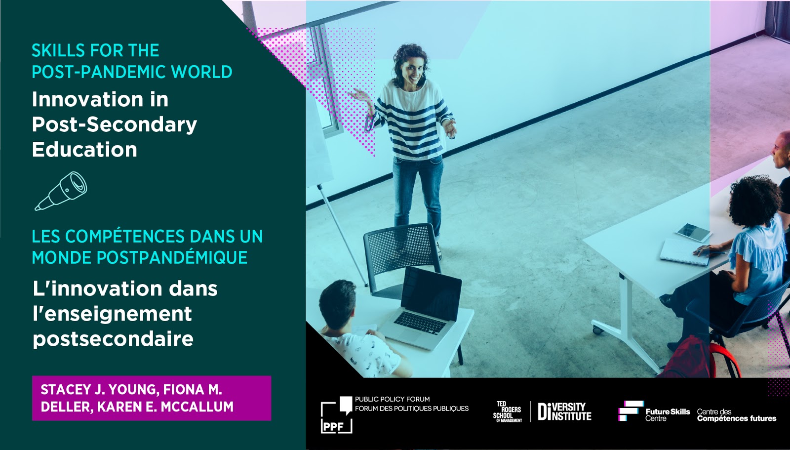 A graphic reading “Skills for the Post-Pandemic World: Innovation in Post-Secondary Education” in English and French with report authors Stacey J. Young, Fiona M. Deller, and Karen E. McCallum listed beside a photograph of a woman presenting in front of a classroom